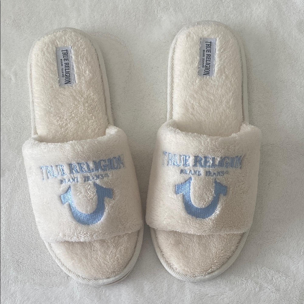True Religion Plush Cream Slippers with Blue Logo